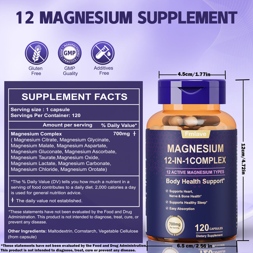 240 Capsules - 12 In 1 Magnesium Glycinate, 700MG Magnesium Complex WIth Citrate, Malate, Carbonate, Taurate, Oxide, Easy Absorbable Calm Magnesium Supplements Support & Sleep Health, Relaxation, Gluten Free