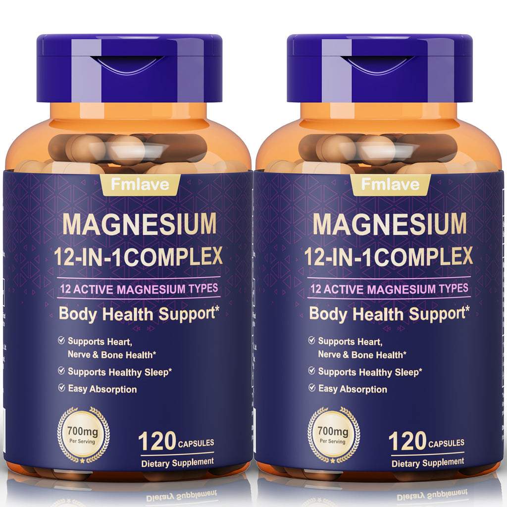 240 Capsules - 12 In 1 Magnesium Glycinate, 700MG Magnesium Complex WIth Citrate, Malate, Carbonate, Taurate, Oxide, Easy Absorbable Calm Magnesium Supplements Support & Sleep Health, Relaxation, Gluten Free