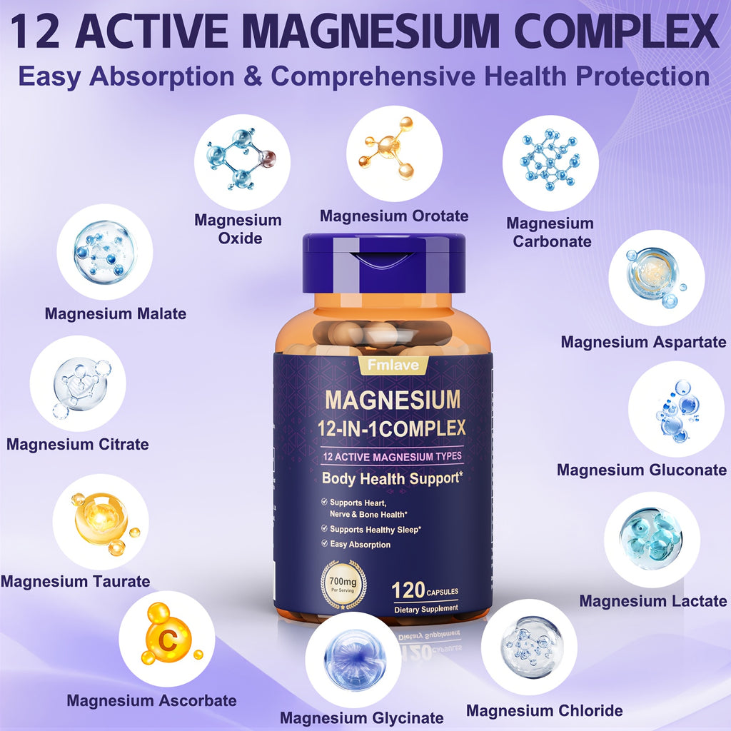 240 Capsules - 12 In 1 Magnesium Glycinate, 700MG Magnesium Complex WIth Citrate, Malate, Carbonate, Taurate, Oxide, Easy Absorbable Calm Magnesium Supplements Support & Sleep Health, Relaxation, Gluten Free