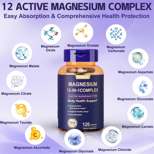240 Capsules - 12 In 1 Magnesium Glycinate, 700MG Magnesium Complex WIth Citrate, Malate, Carbonate, Taurate, Oxide, Easy Absorbable Calm Magnesium Supplements Support & Sleep Health, Relaxation, Gluten Free