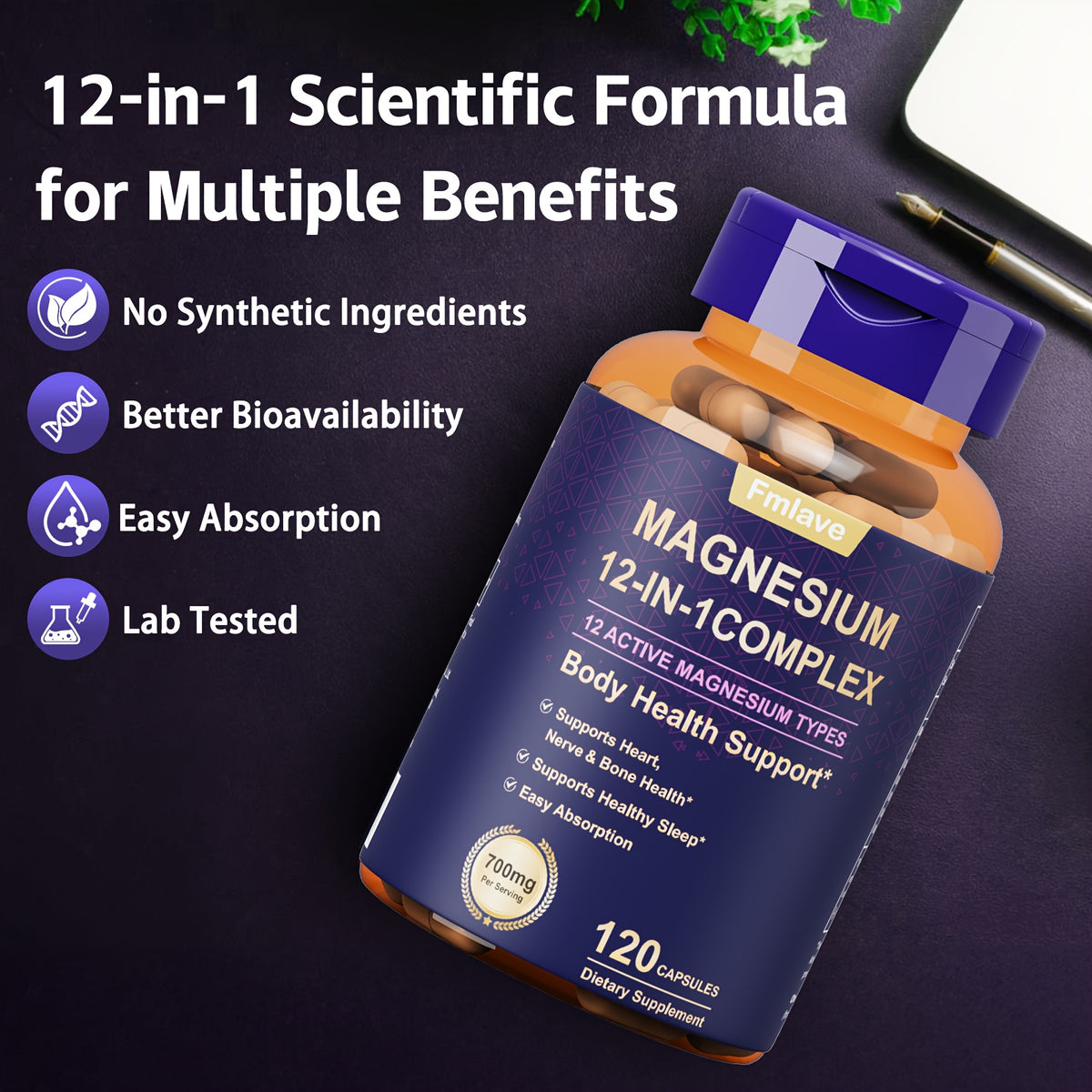 240 Capsules - 12 In 1 Magnesium Glycinate, 700MG Magnesium Complex WIth Citrate, Malate, Carbonate, Taurate, Oxide, Easy Absorbable Calm Magnesium Supplements Support & Sleep Health, Relaxation, Gluten Free